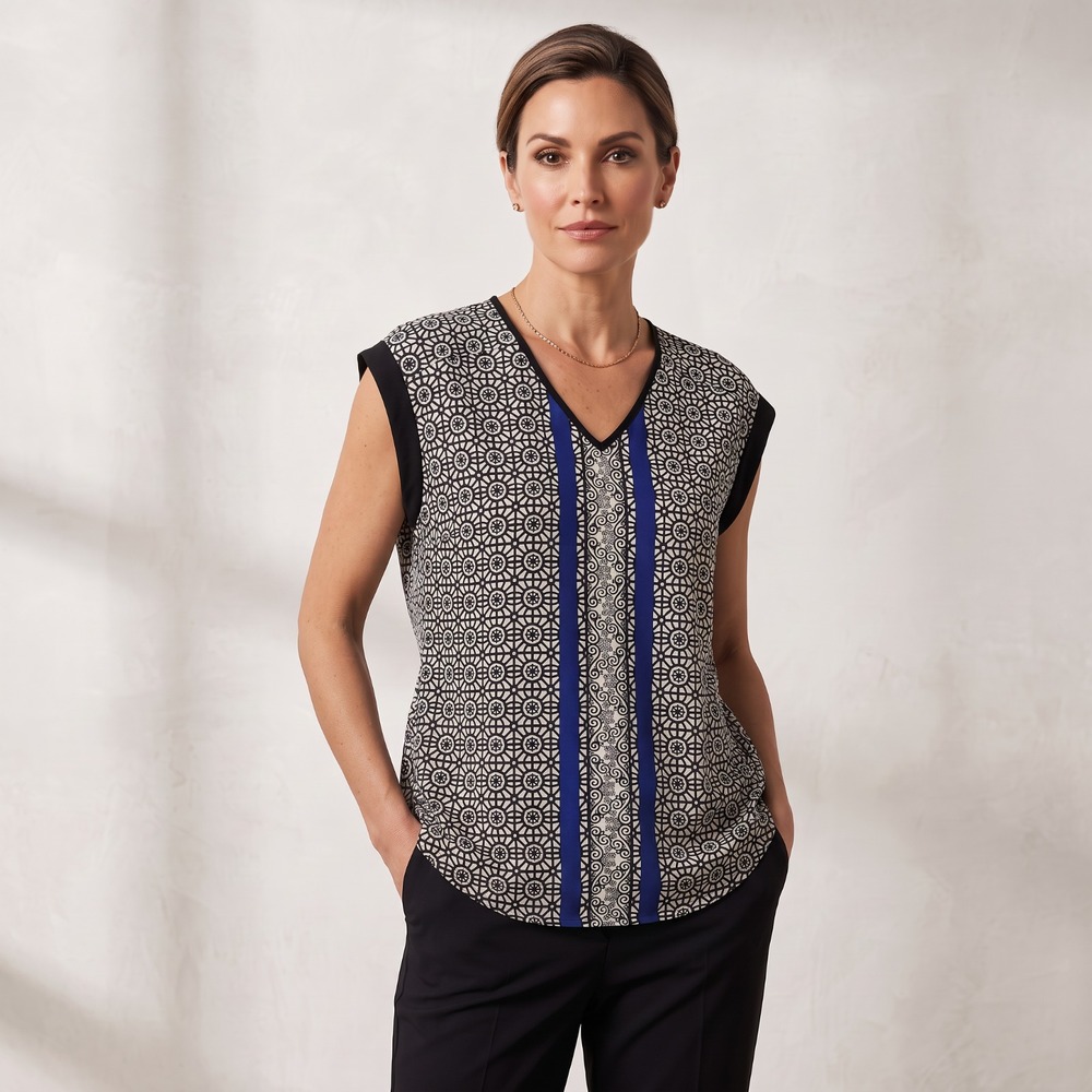 Antilia Femme Medallion Tile Print Top Blue Accent Corporate Maximalist Alt L